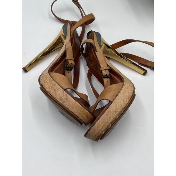 Lanvin 2012 ETE "Opanca" Tan Buckle Strap Gold Wood Platform Stilettos 39/8-8.5 - Picture 9 of 12